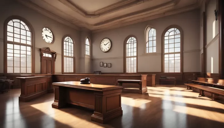 Interior de sala de tribunal com bancada do juiz, martelo sobre livro de lei e balança da justiça ao lado.